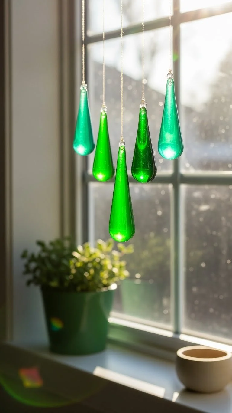 Colorful green crayon raindrop suncatchers hanging in a sunlit window