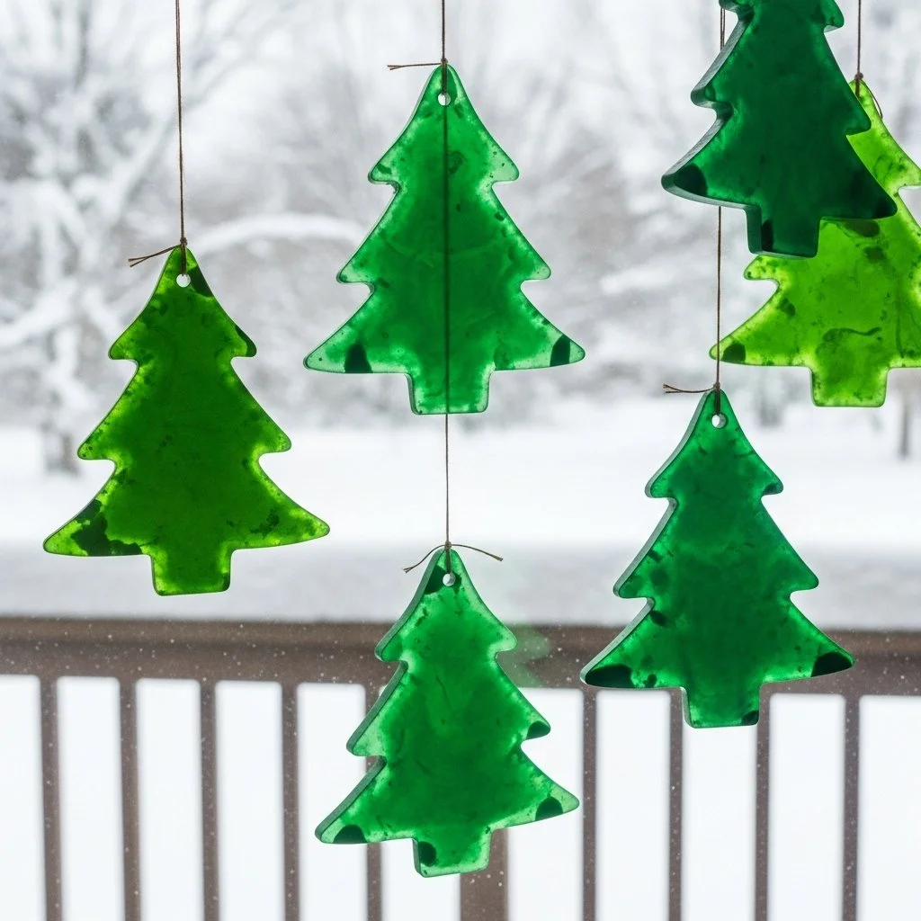 Colorful green crayon suncatchers hanging in a sunlit window
