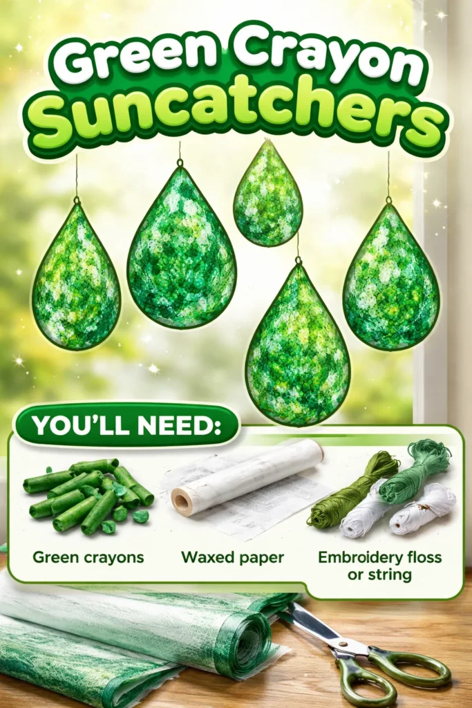 DIY green crayon suncatcher casting colorful light patterns