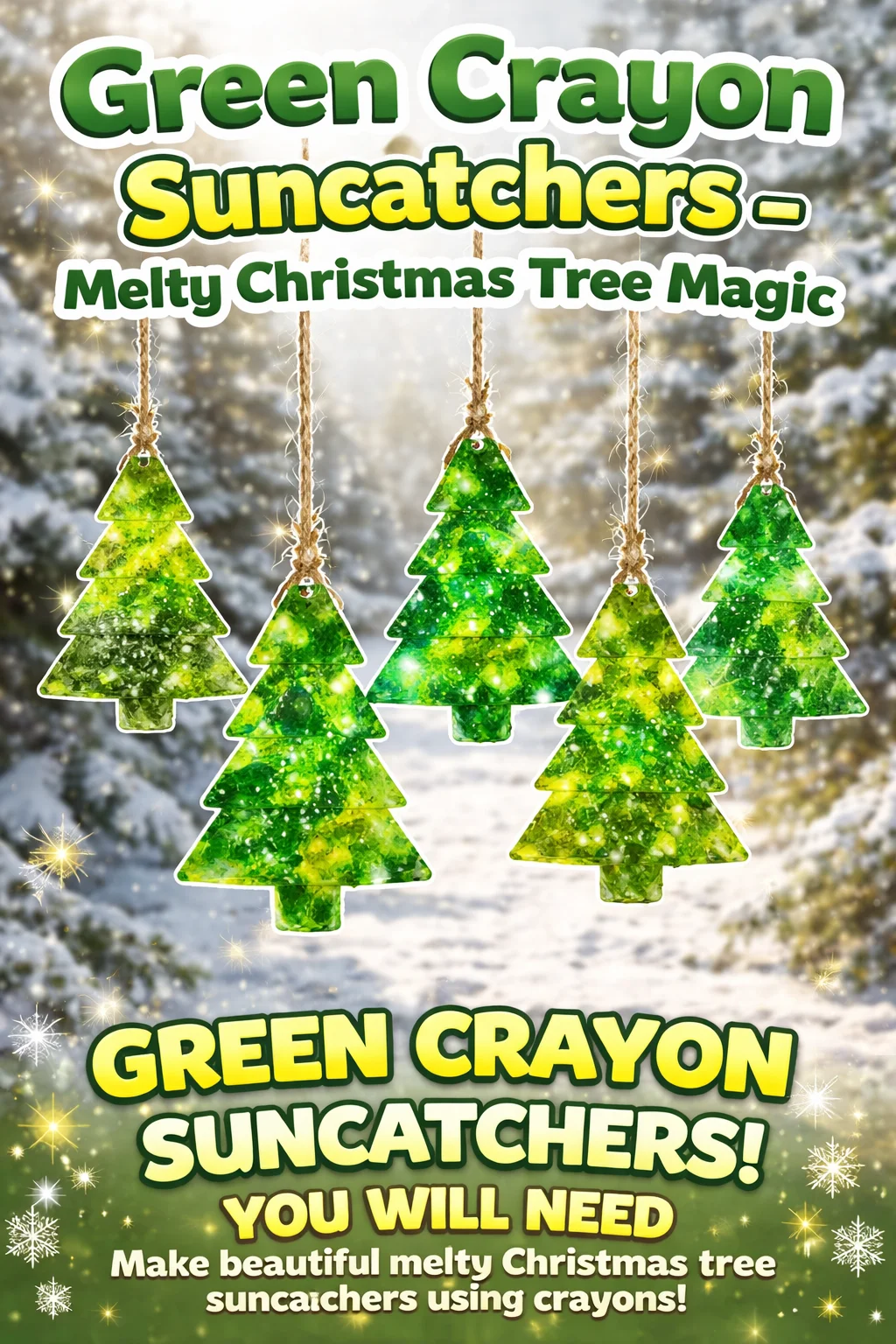Handmade green crayon suncatchers in festive Christmas tree shapes
