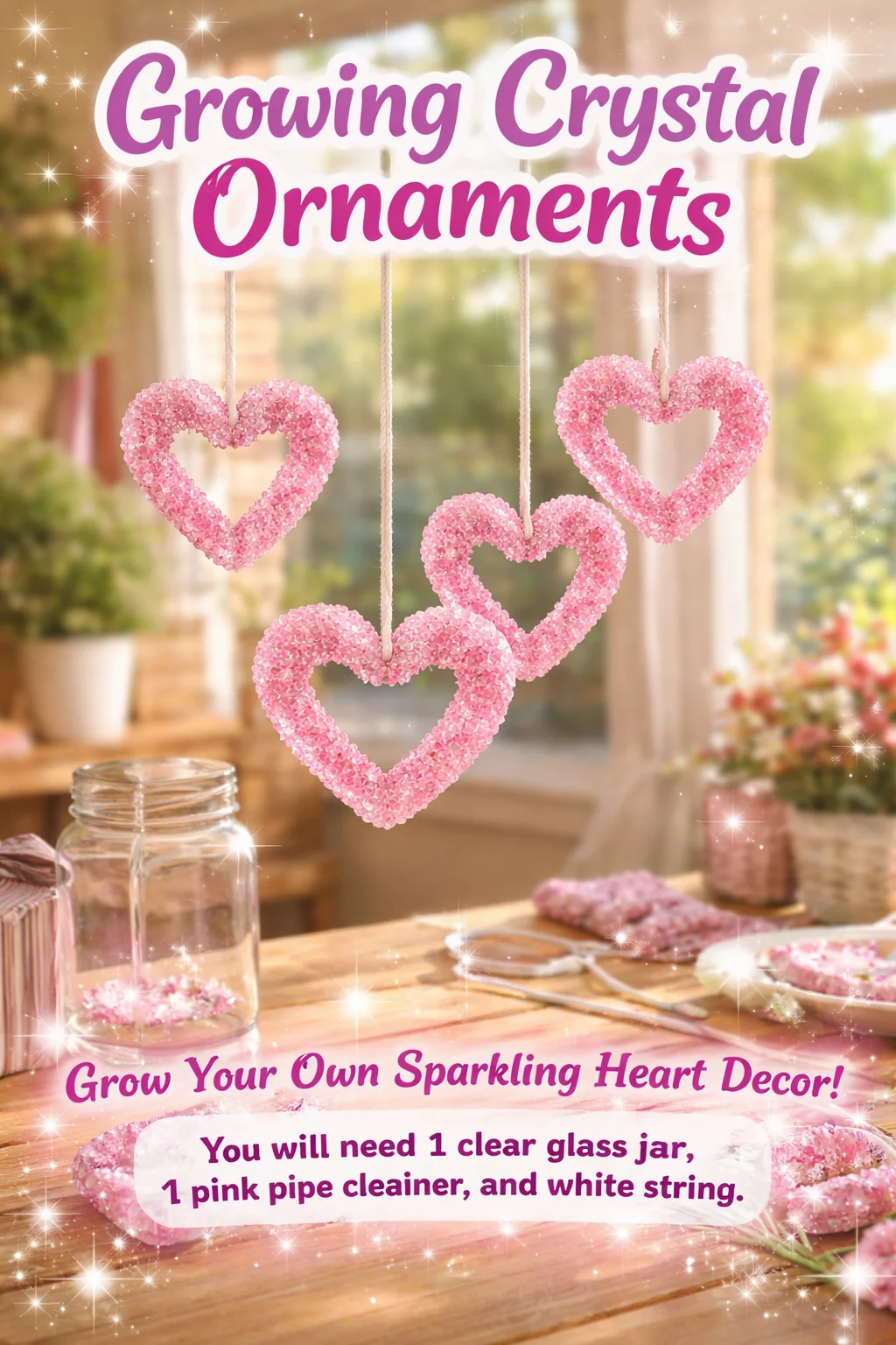 Colorful homemade crystal ornaments reflecting light in various hues.