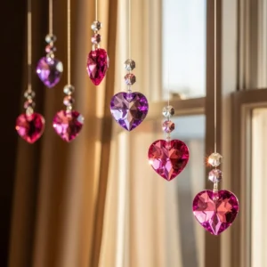 Homemade crystal ornaments sparkling in sunlight, showcasing intricate designs.