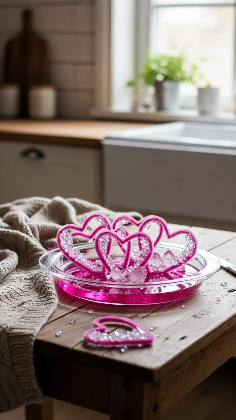 Heart crystals grown using pipe cleaner and plate method for science projects.