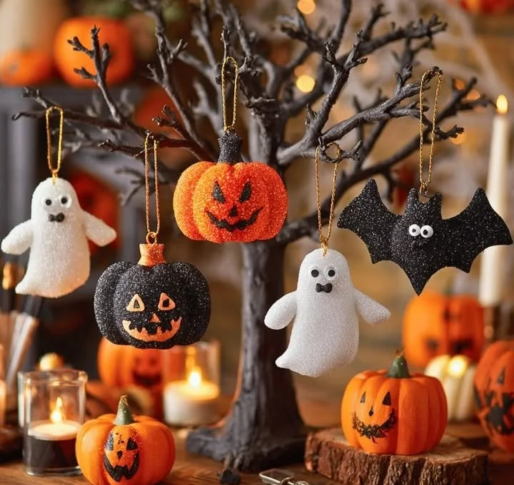 Collection of spooky Halloween ornaments including pumpkins and ghosts.
