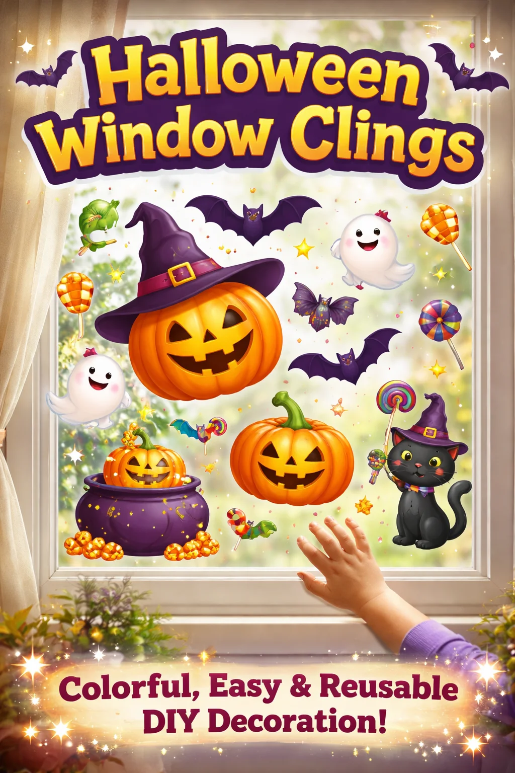 Colorful Halloween window clings for festive decor