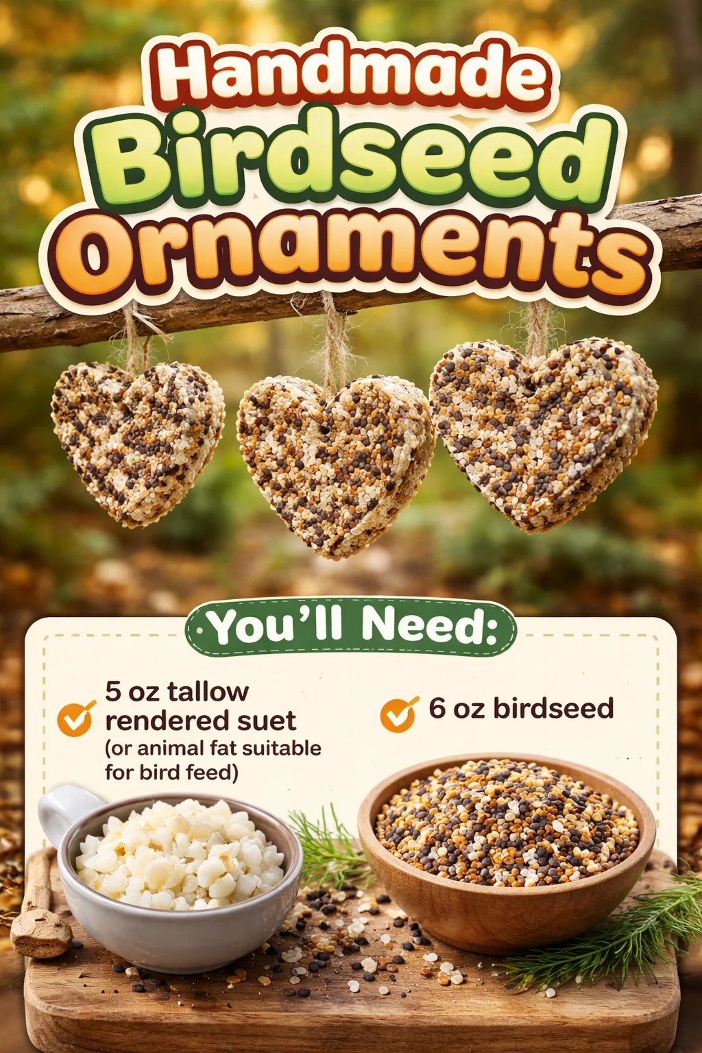 Colorful handmade birdseed ornaments hanging in a garden for bird feeding.