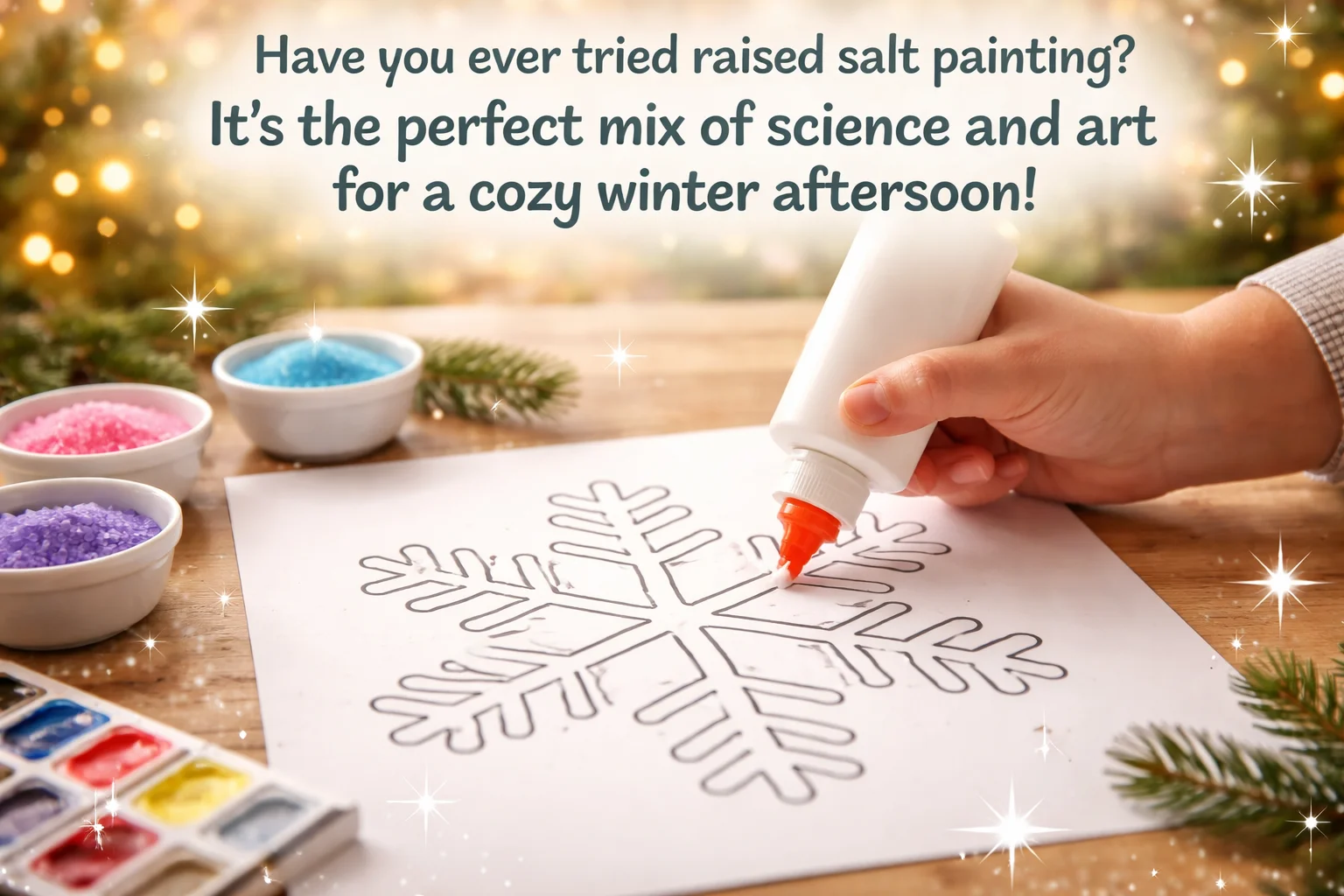 Colorful raised salt painting artwork showcasing science and creativity for winter crafts.