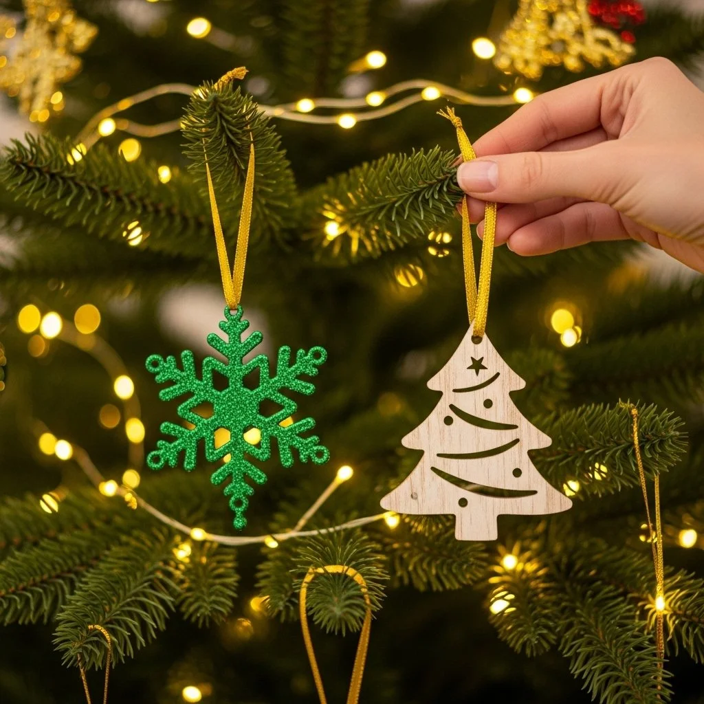 Colorful holiday foam dough ornaments hanging on a tree
