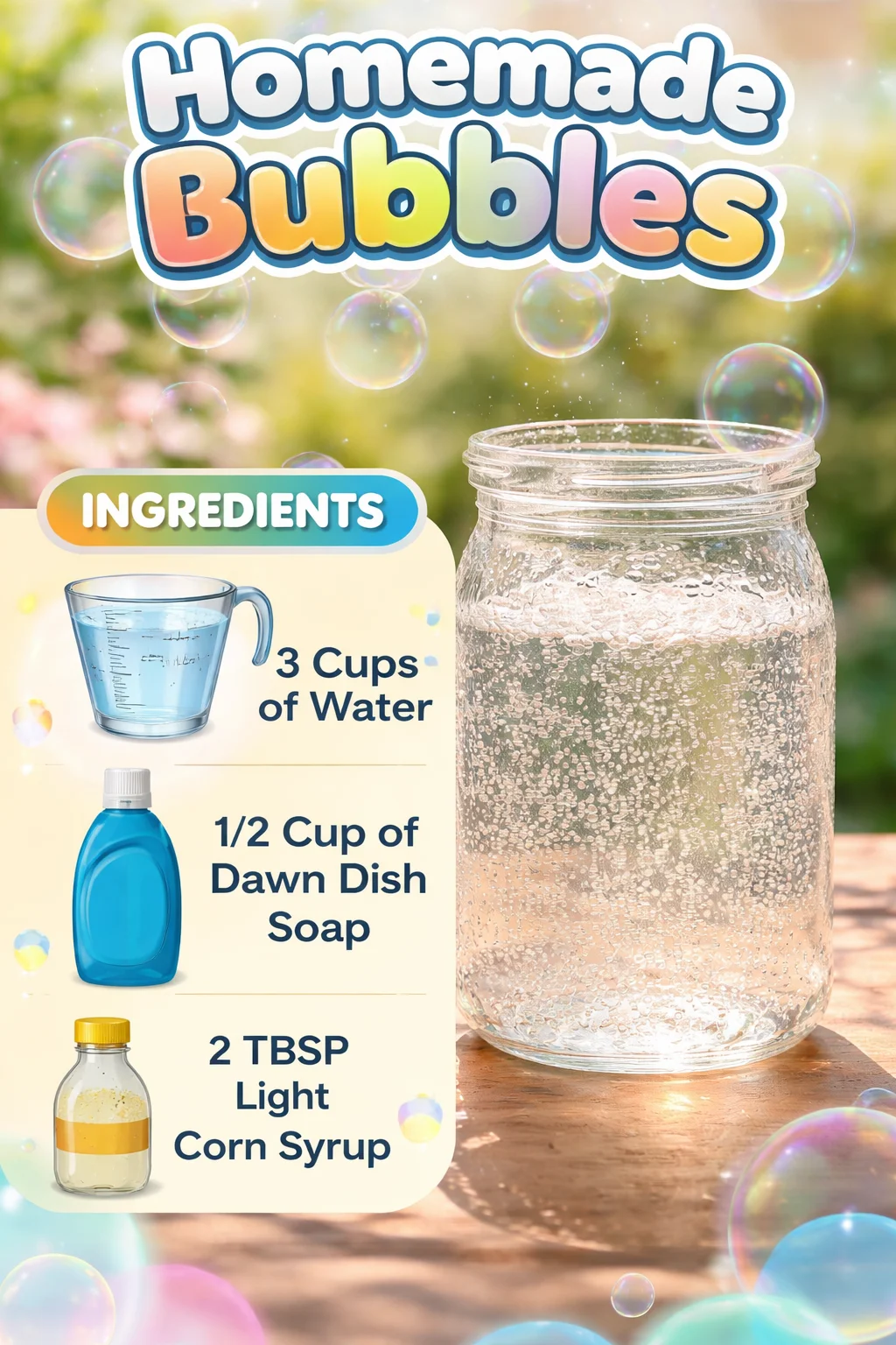 A child blowing homemade bubbles with colorful soap mixture in a garden.