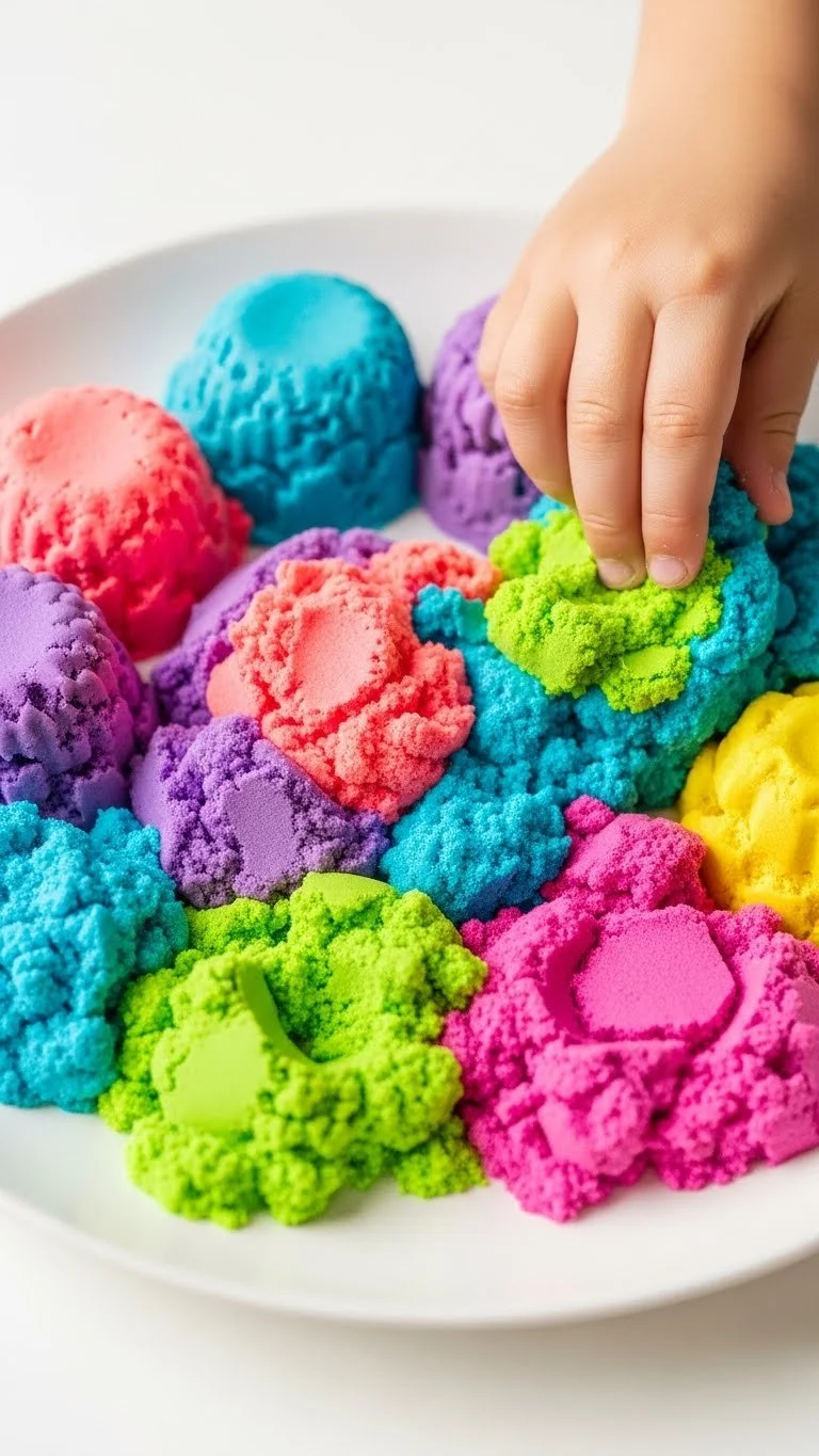 A bowl of colorful homemade kinetic sand recipe ingredients.
