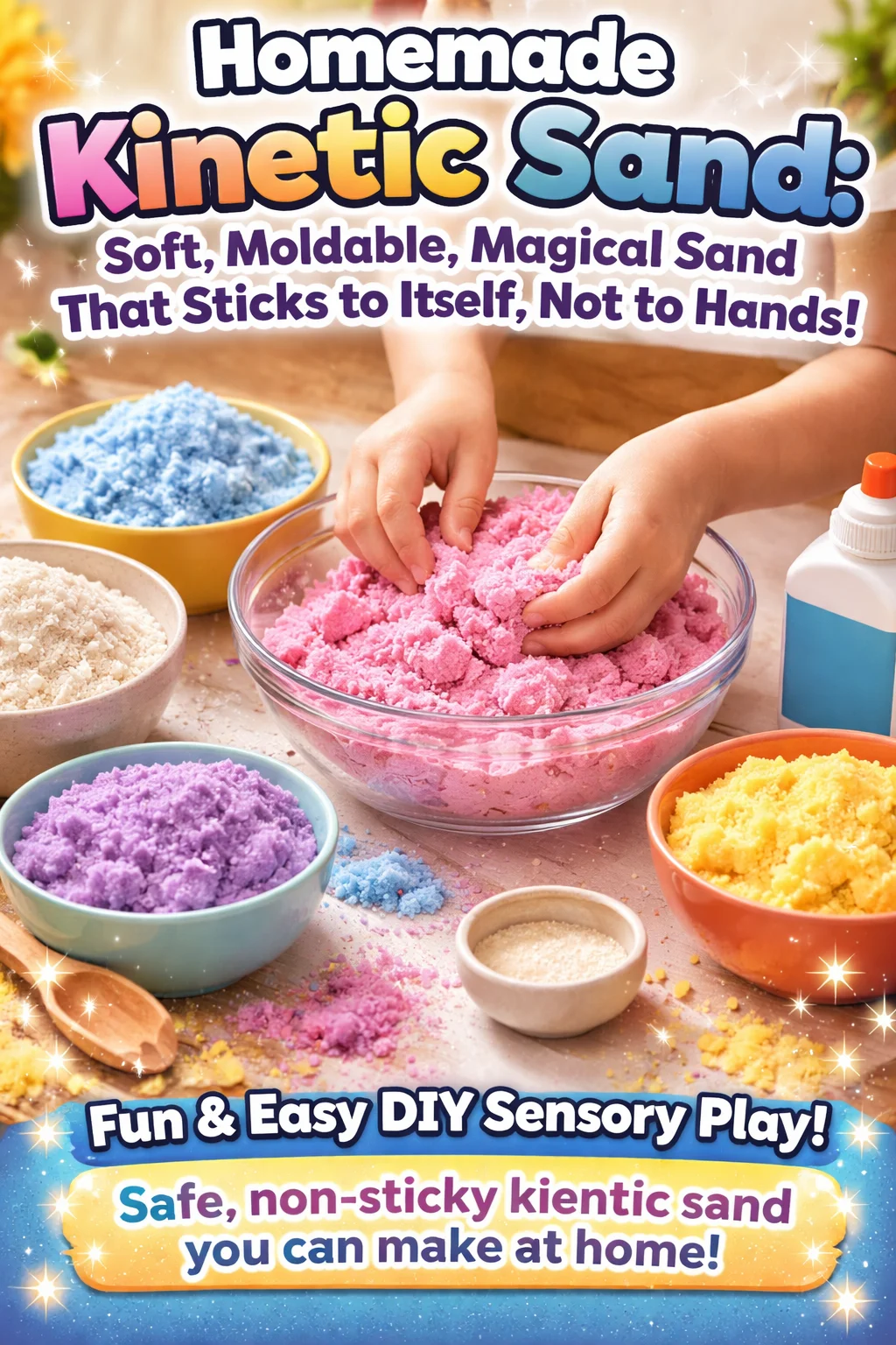 Homemade kinetic sand that sticks to itself, perfect for moldable creative play.