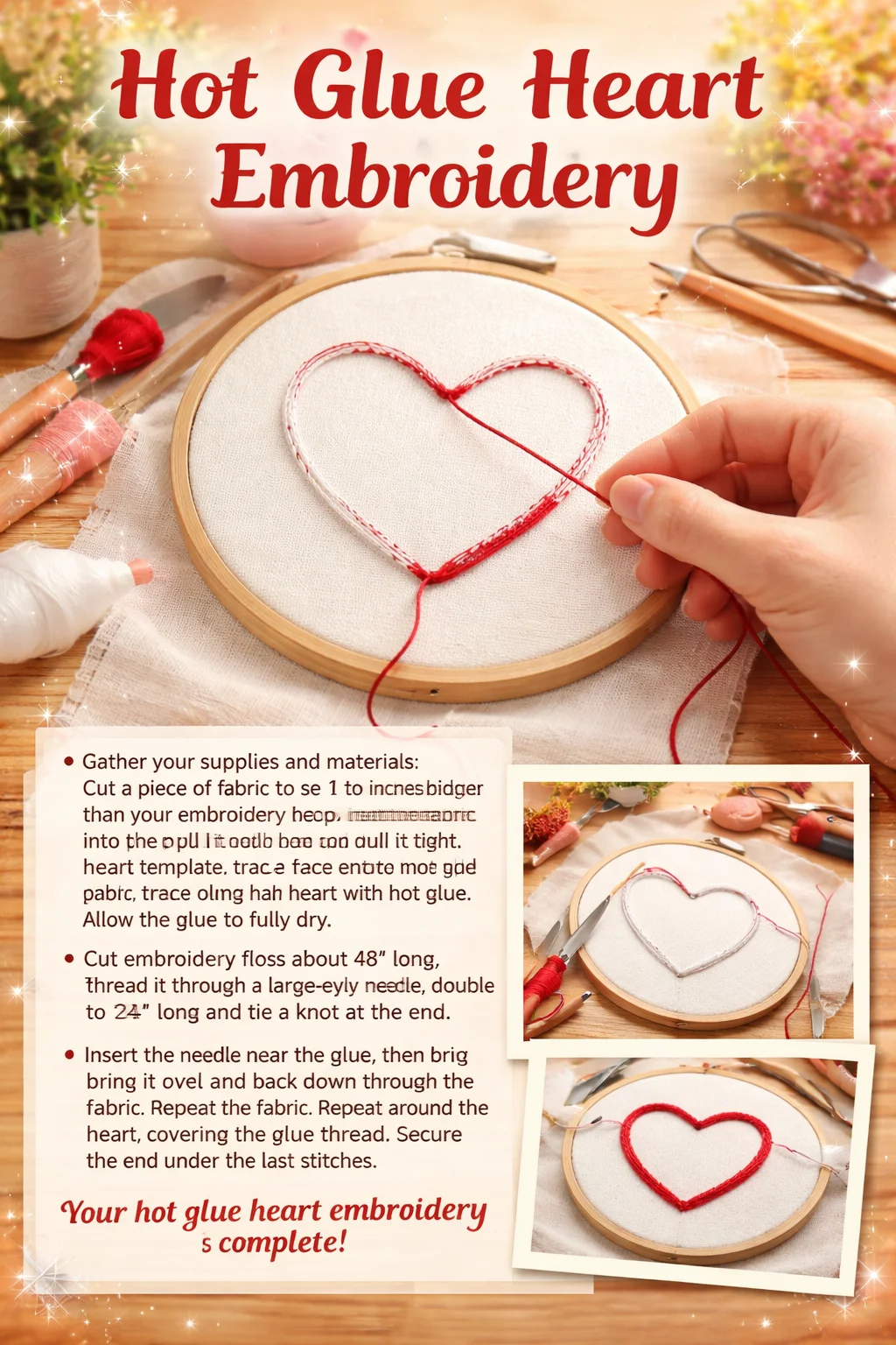 Beautiful hot glue heart embroidery showcasing creativity and craft techniques.