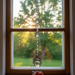 DIY crystal rain drop sun catcher tutorial with colorful reflections.