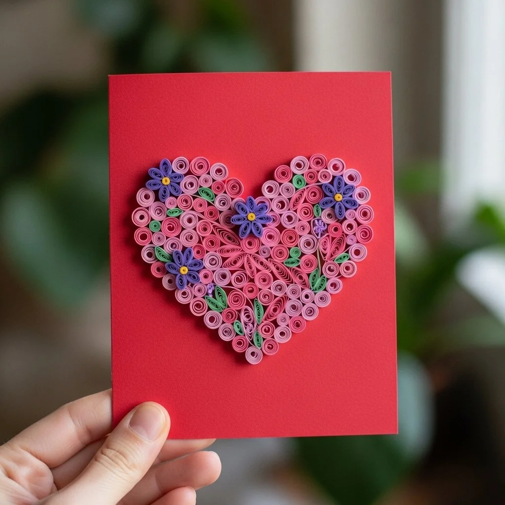 Handmade paper quilled heart card with intricate designs and details.