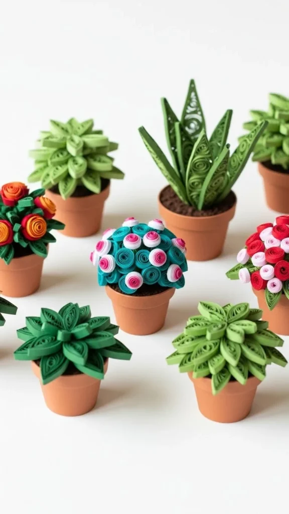 Colorful paper quilling cactus art crafted with intricate rolled paper strips.