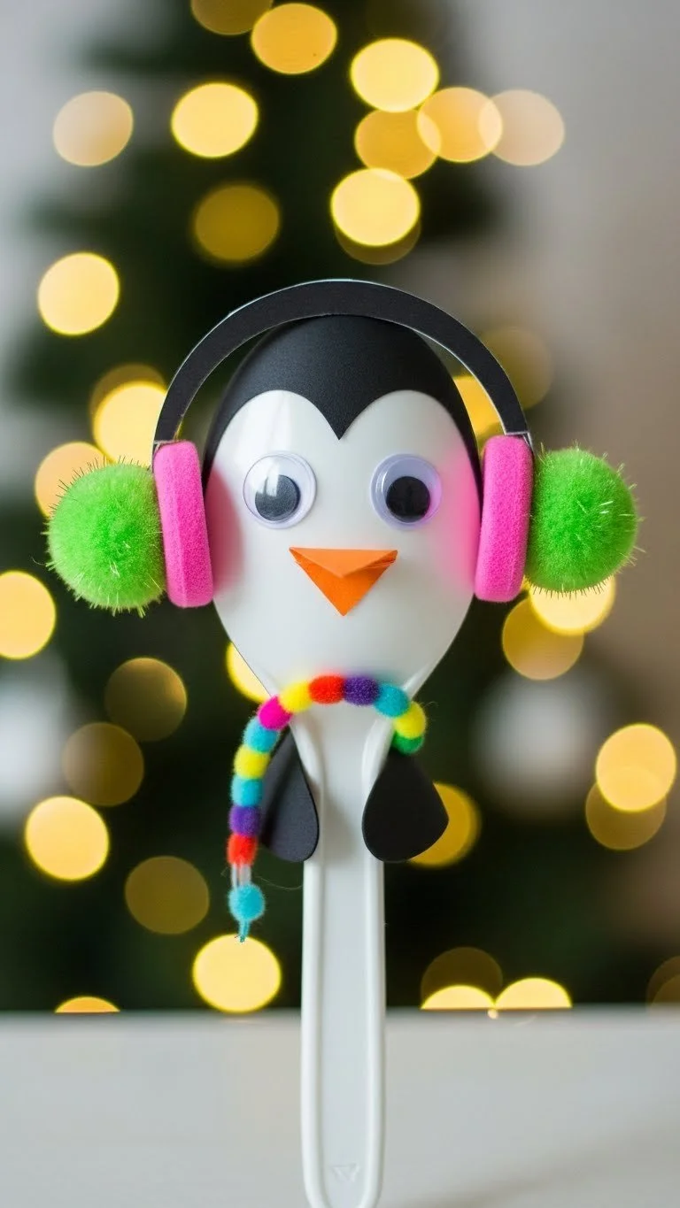 Penguin spoon craft tutorial with colorful materials and step-by-step instructions.