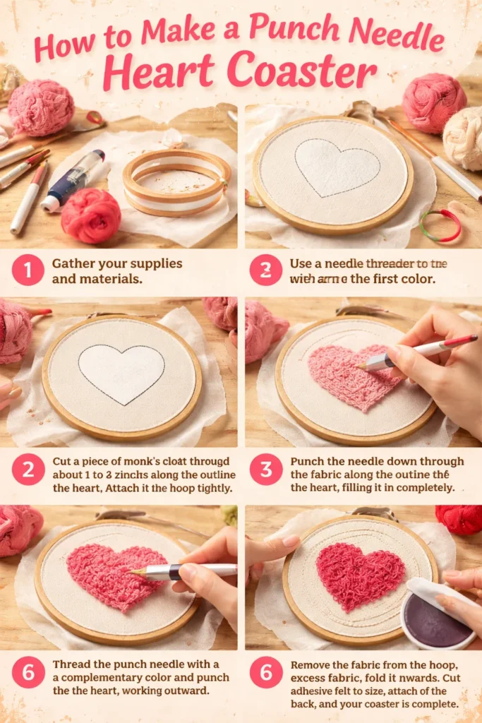 Punch needle heart coaster crafted with colorful yarn patterns