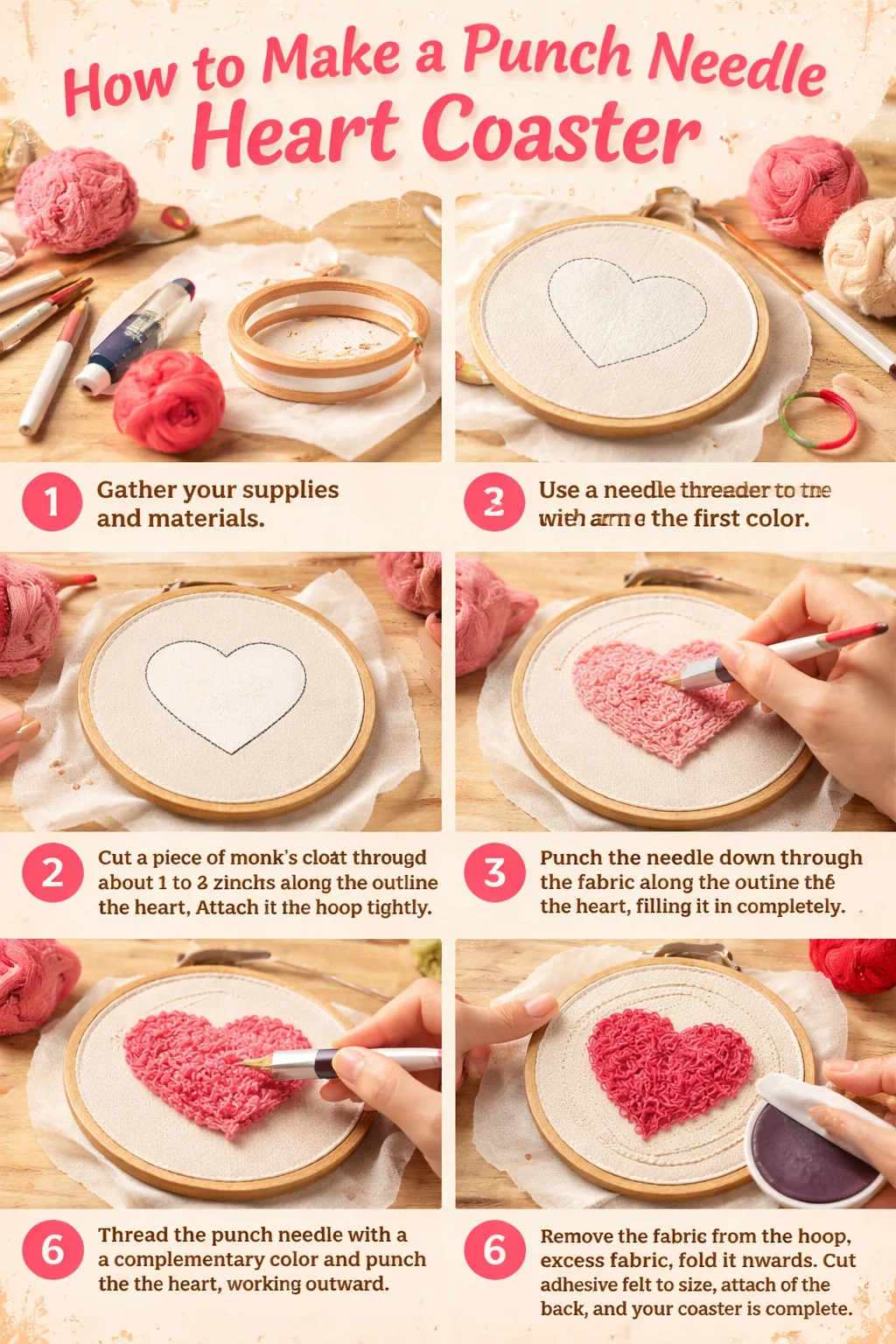 Punch needle heart coaster crafted with colorful yarn patterns