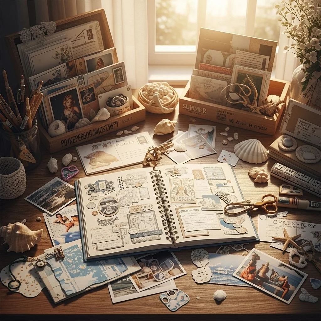 DIY summer holiday scrapbook with colorful decorations and photos