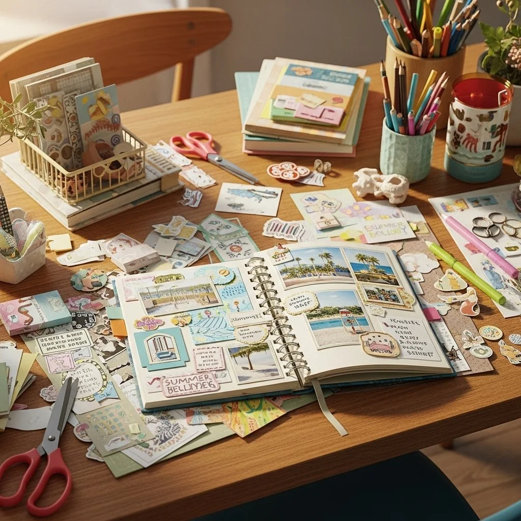 DIY summer holiday scrapbook with photos and decorations for lasting memories