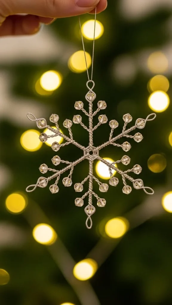 Beautiful wire wrapped snowflake craft made with artistic wire and beads.
