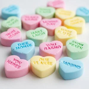 Colorful clay conversation hearts with messages for crafting