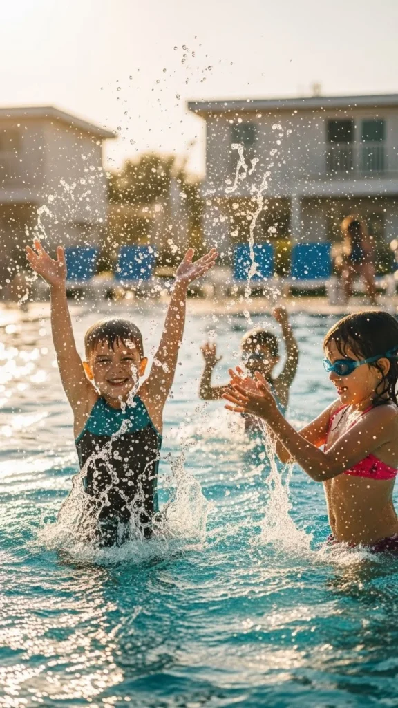 Kids playing Marco Polo in the pool during summer.