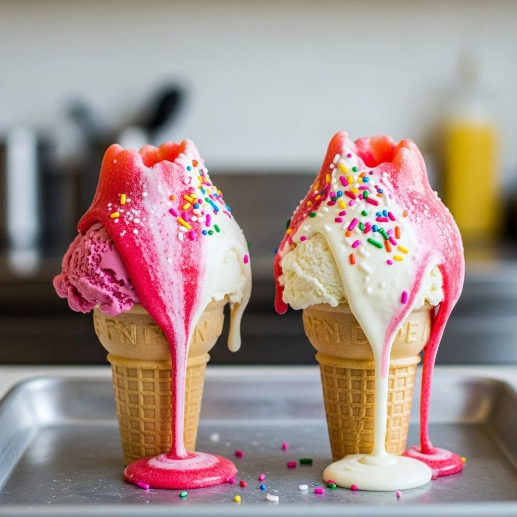 An ice cream cone volcano topped with colorful sprinkles and chocolate syrup.
