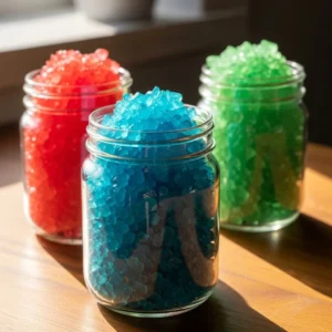 Colorful Kool-Aid Rock Candy Crystals on a wooden surface