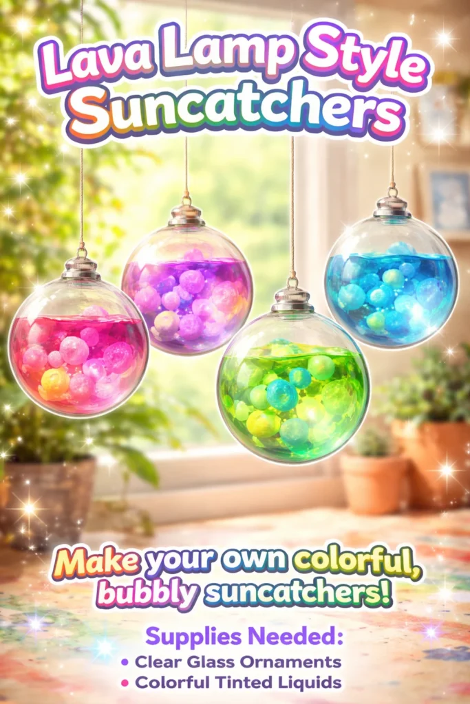 Colorful lava lamp style suncatchers hanging in sunlight, enhancing decor