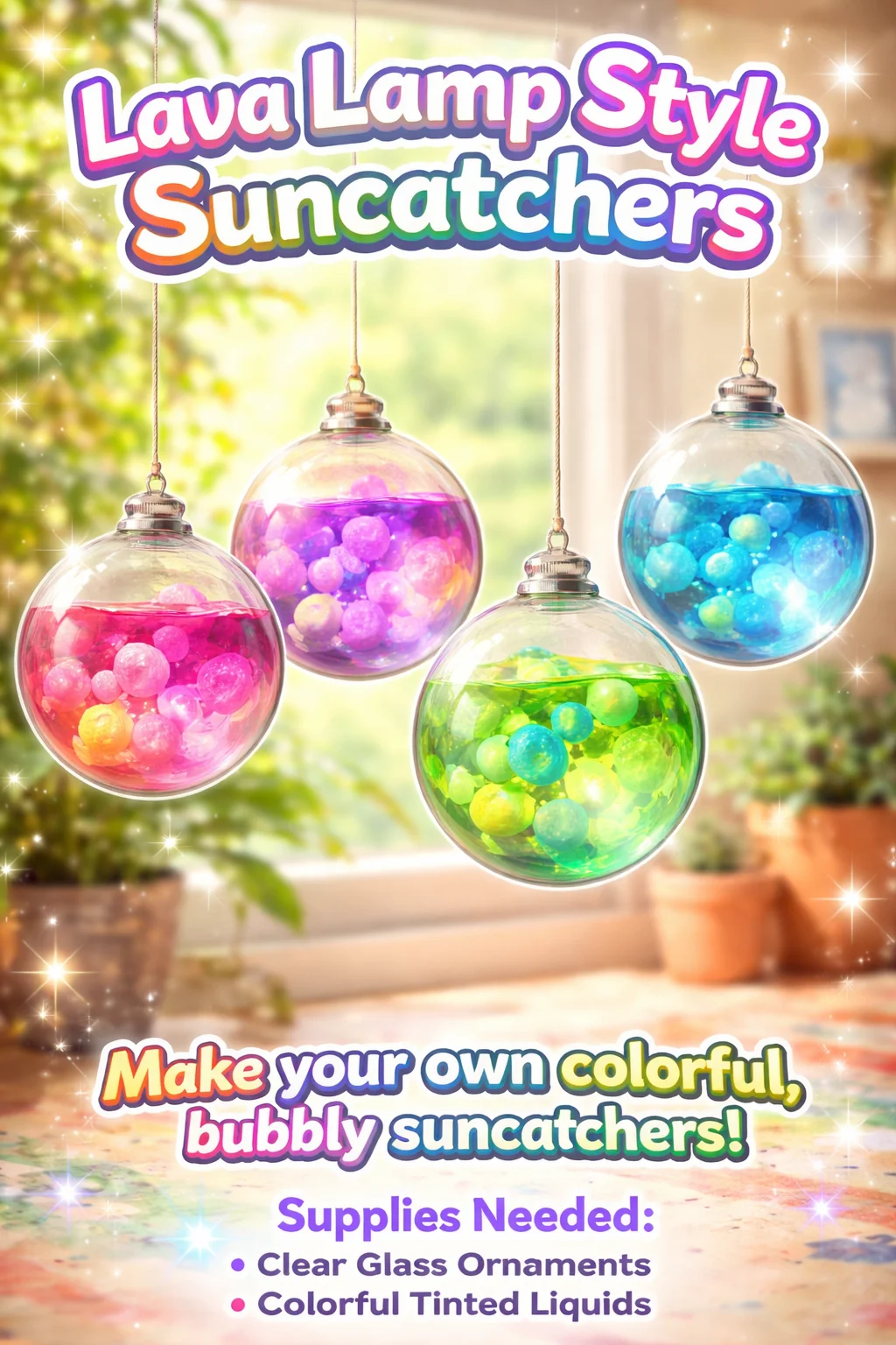 Colorful lava lamp style suncatchers hanging in sunlight, enhancing decor