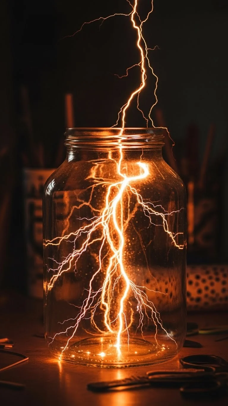 DIY project showcasing a lightning storm in a jar with glowing effects.