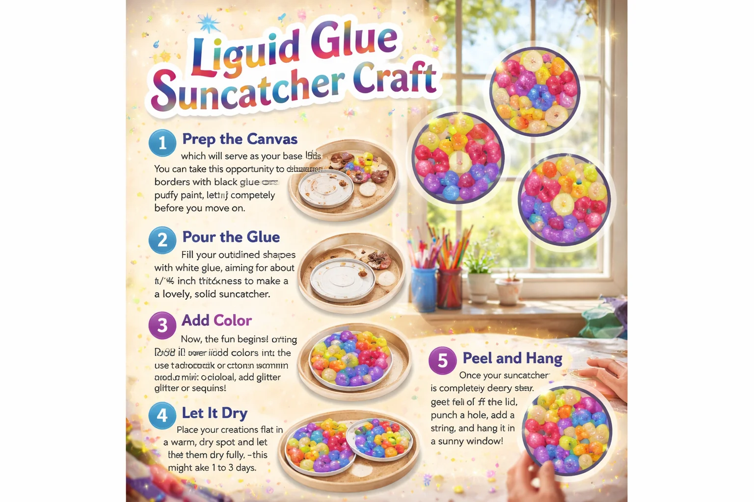 Vibrant liquid glue suncatcher craft displaying colorful designs