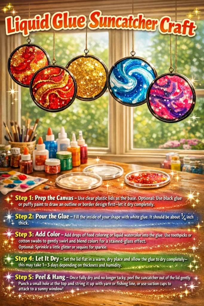 Colorful liquid glue suncatcher craft with intricate designs hanging in sunlight