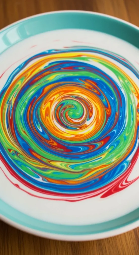 Colorful Magic Milk experiment showcasing vibrant swirling colors in milk