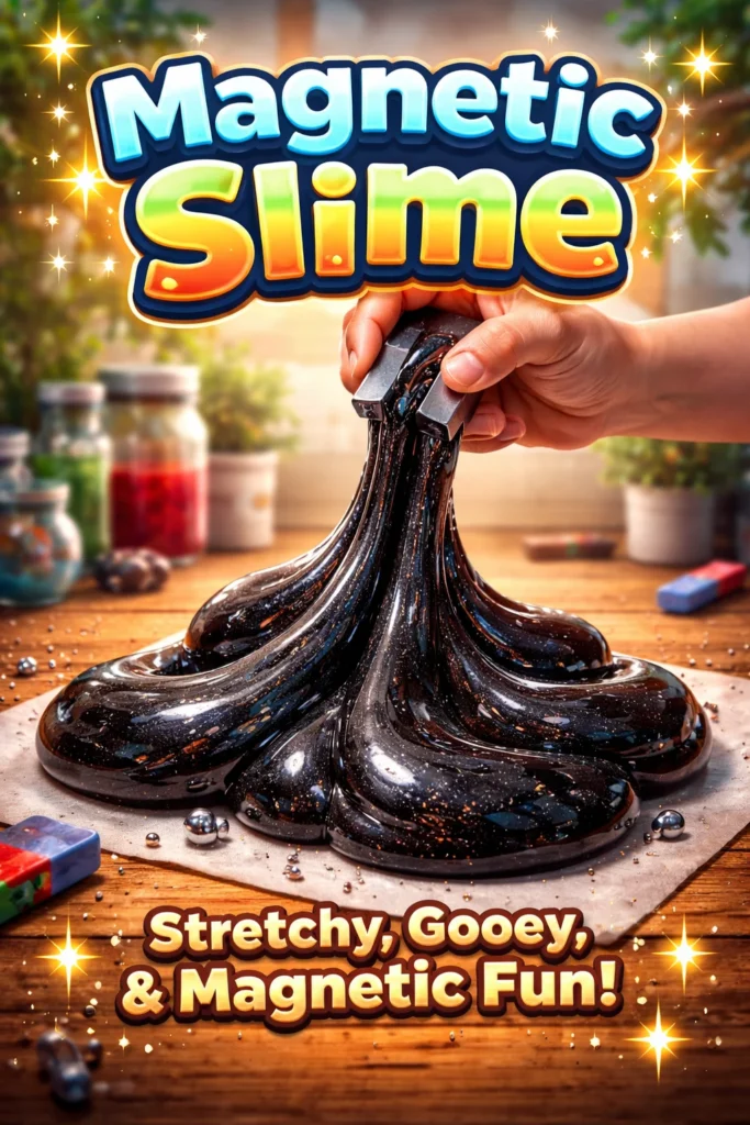 A container of colorful Magnetic Slime reacting to a magnet.