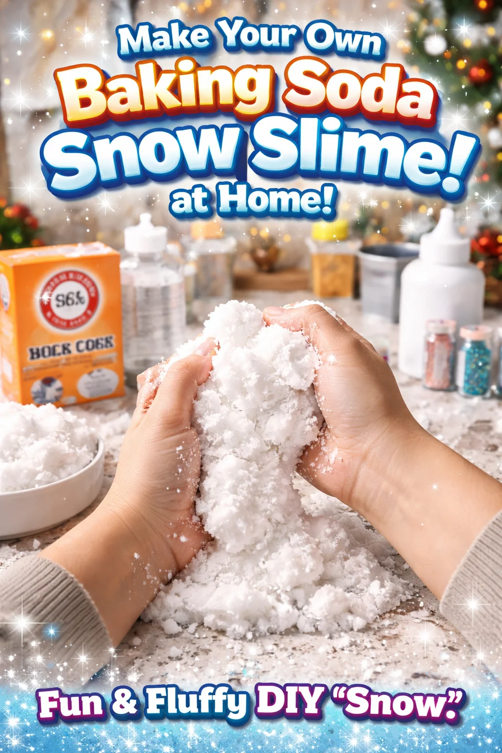 Baking soda snow slime recipe and finished product in a colorful bowl.