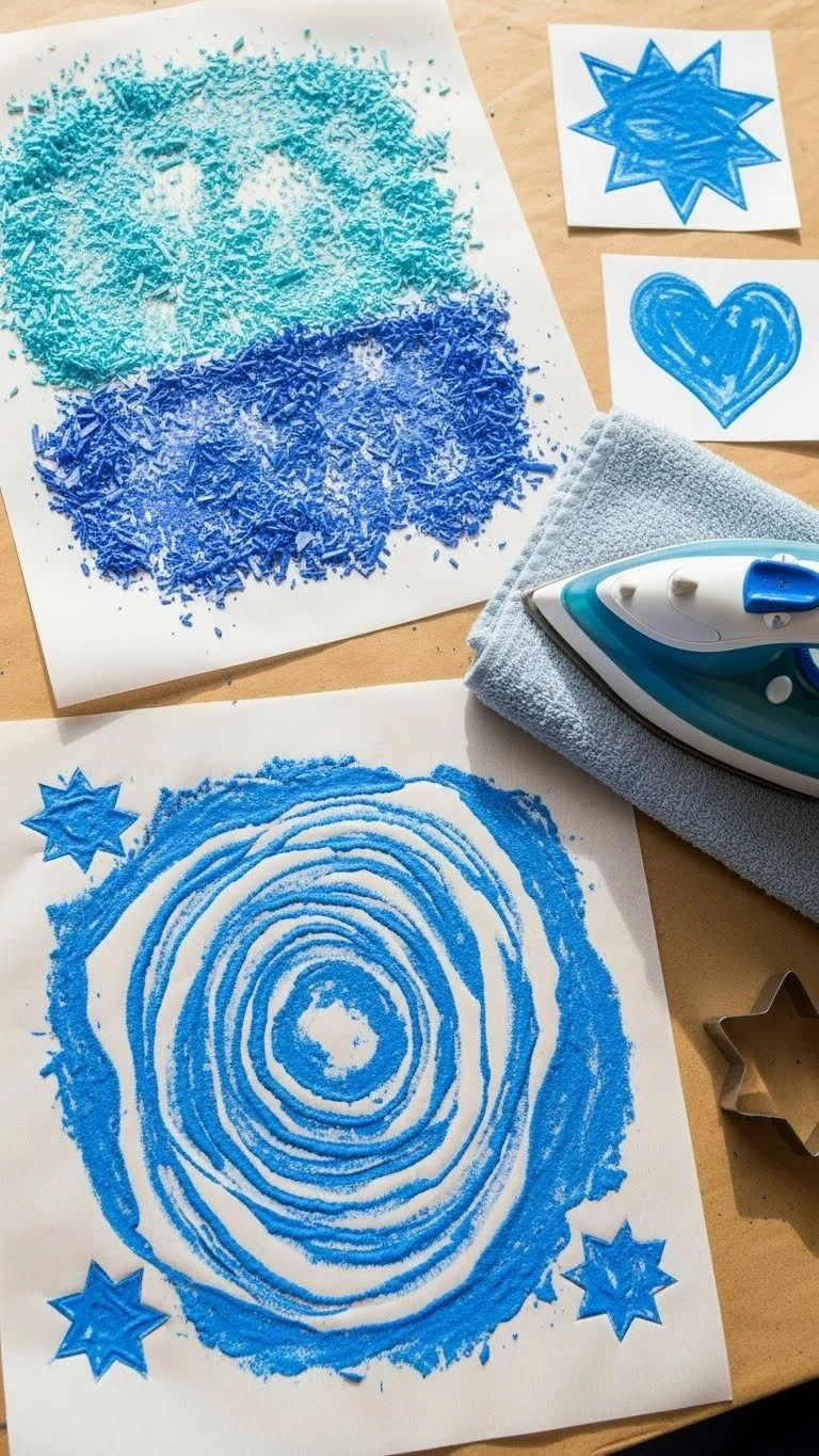 Handmade blue crayon suncatchers hanging in a sunny window.