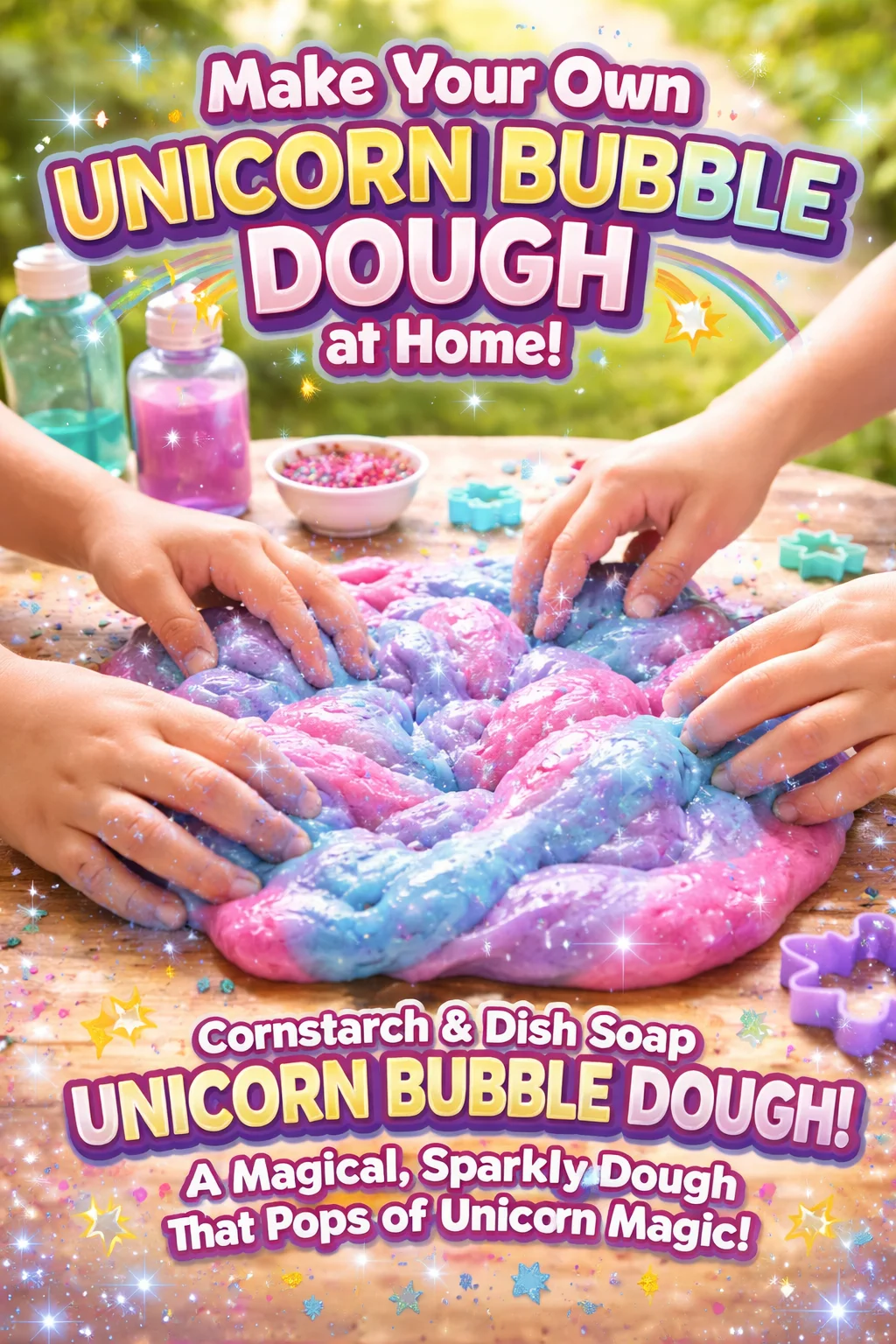 Colorful homemade unicorn bubble dough in various shapes and colors.