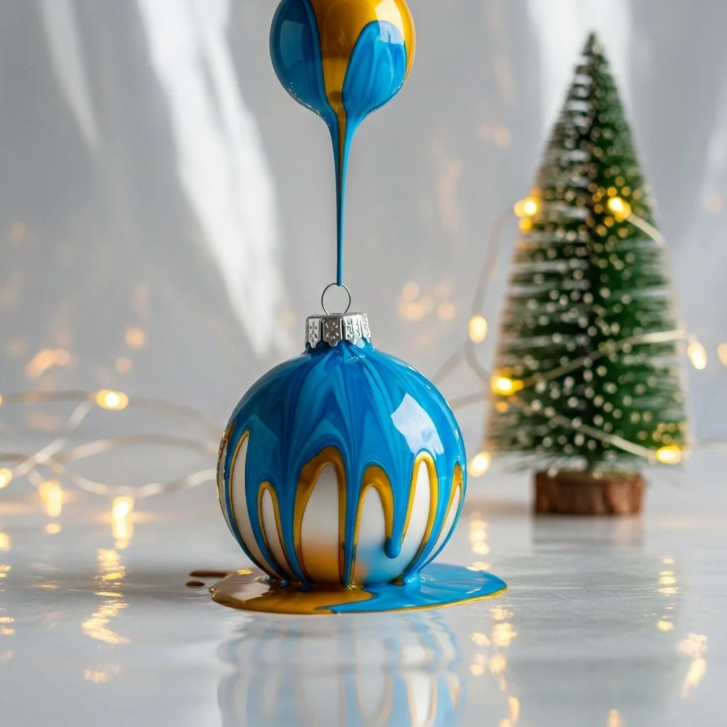 Colorful marbling bauble Christmas tree ornaments hanging on a festive tree