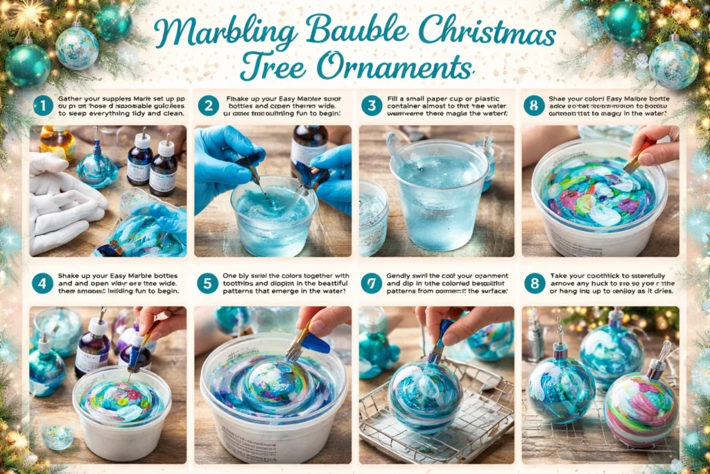 Elegant marbling bauble Christmas tree ornaments in festive colors