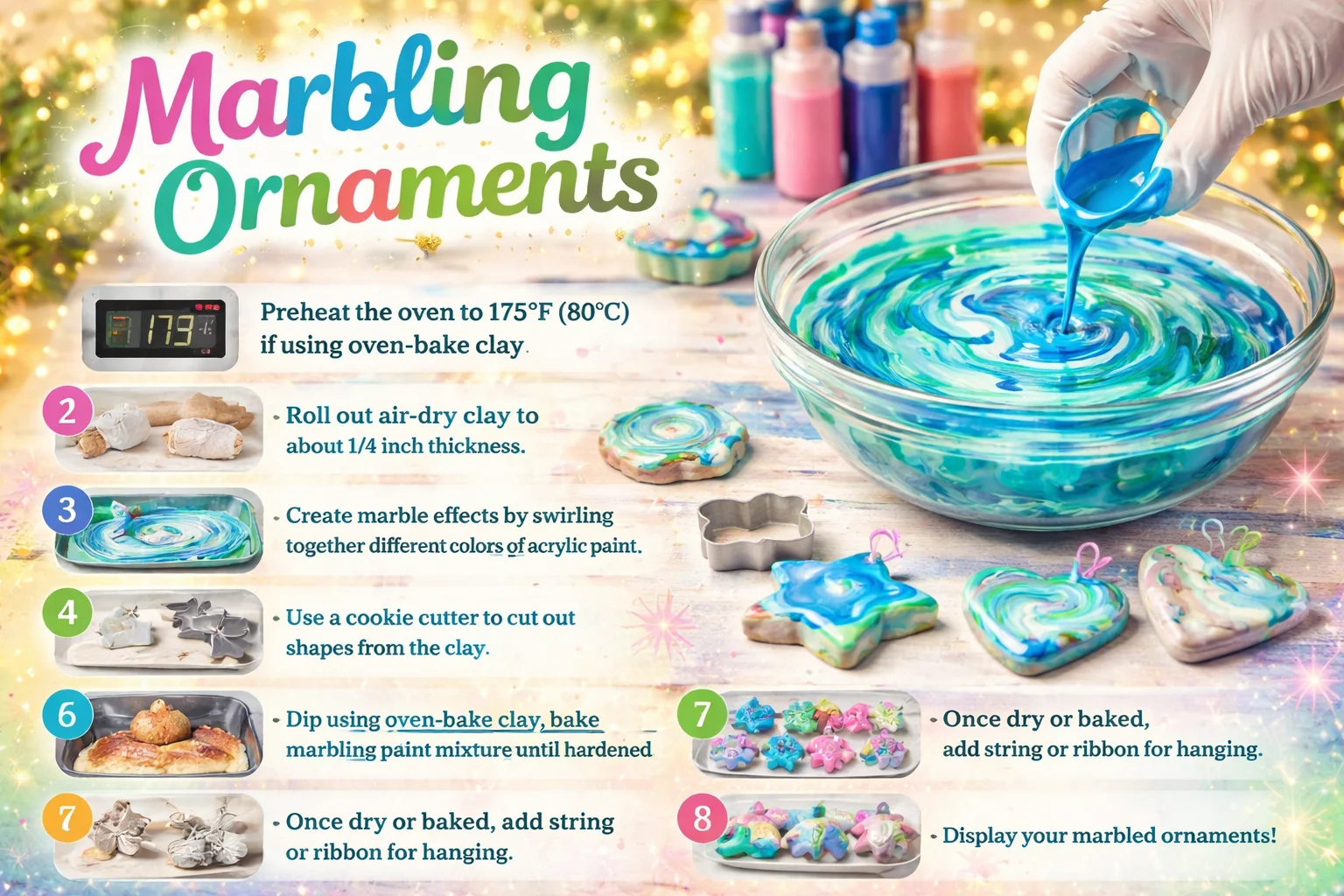 Colorful marbling ornaments for festive holiday decor