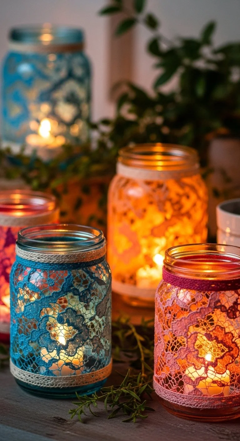 Handcrafted Mason Jar Lanterns glowing with warm light in a cozy setting.