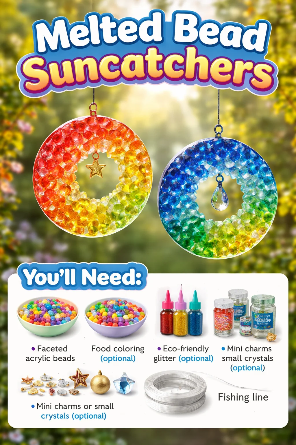 Vibrant melted bead suncatchers hanging in sunlight