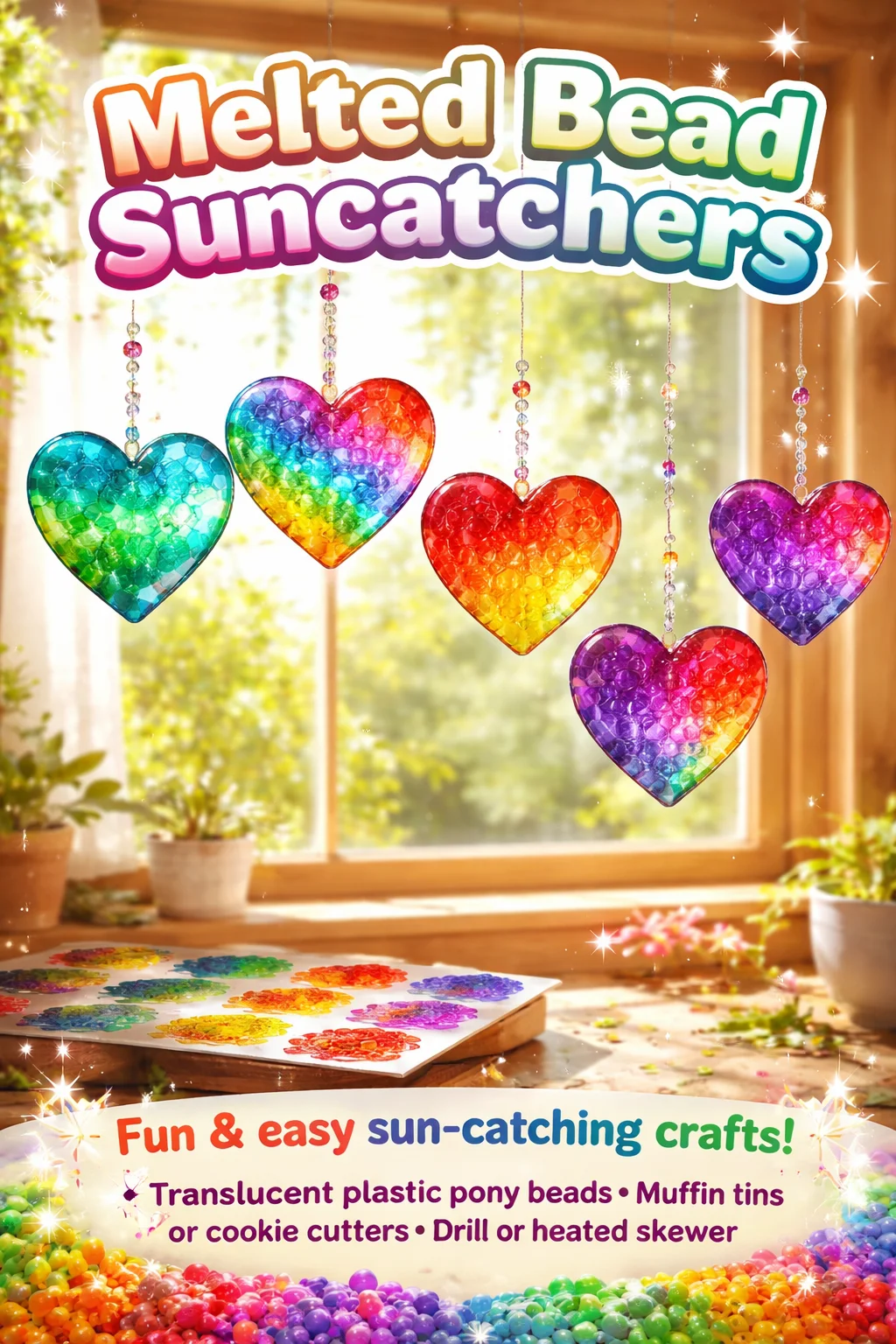 Vibrant melted bead suncatchers catching sunlight in a window.