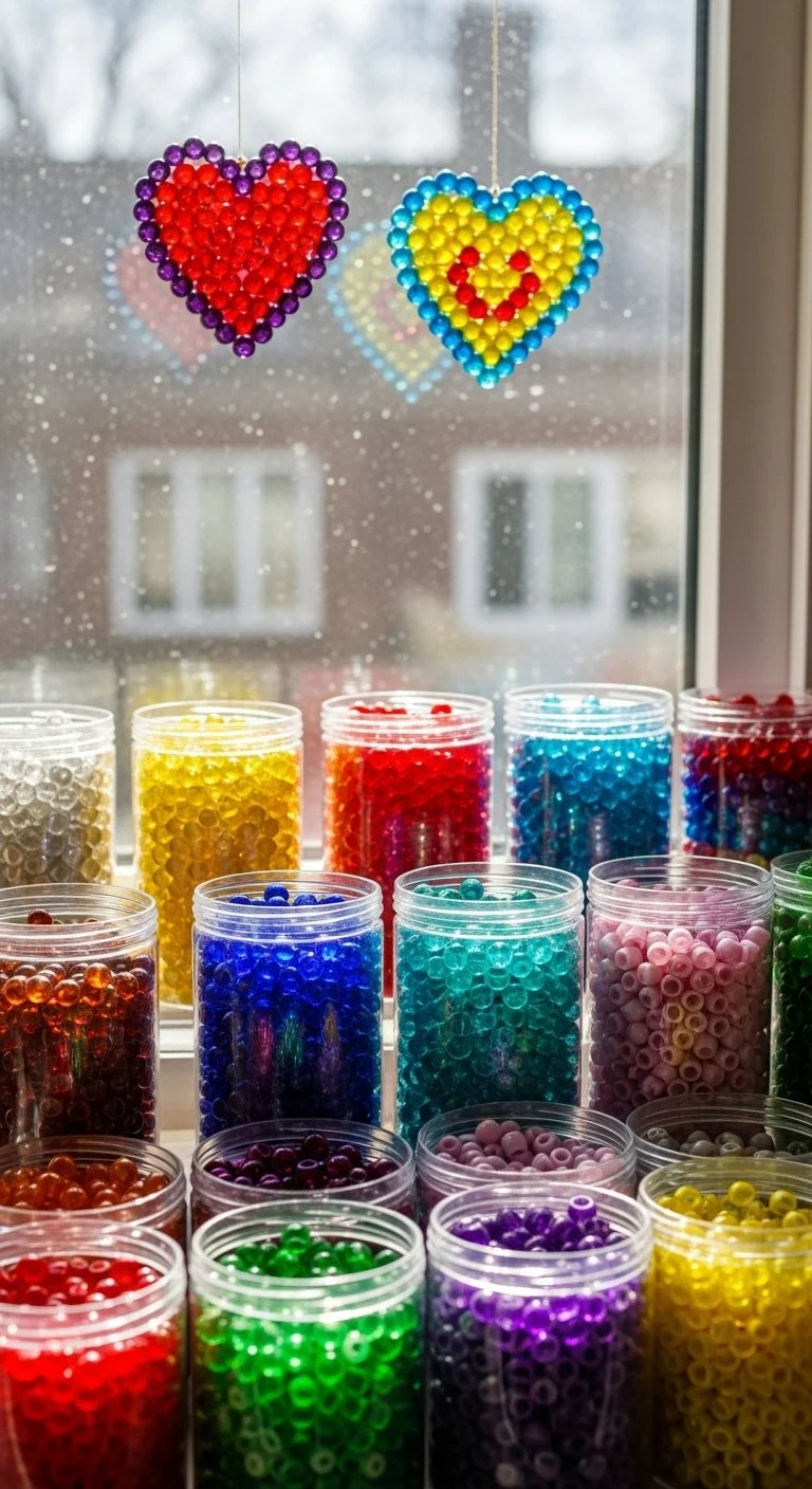 Colorful melted bead suncatchers hanging in sunlight, creating vibrant patterns.