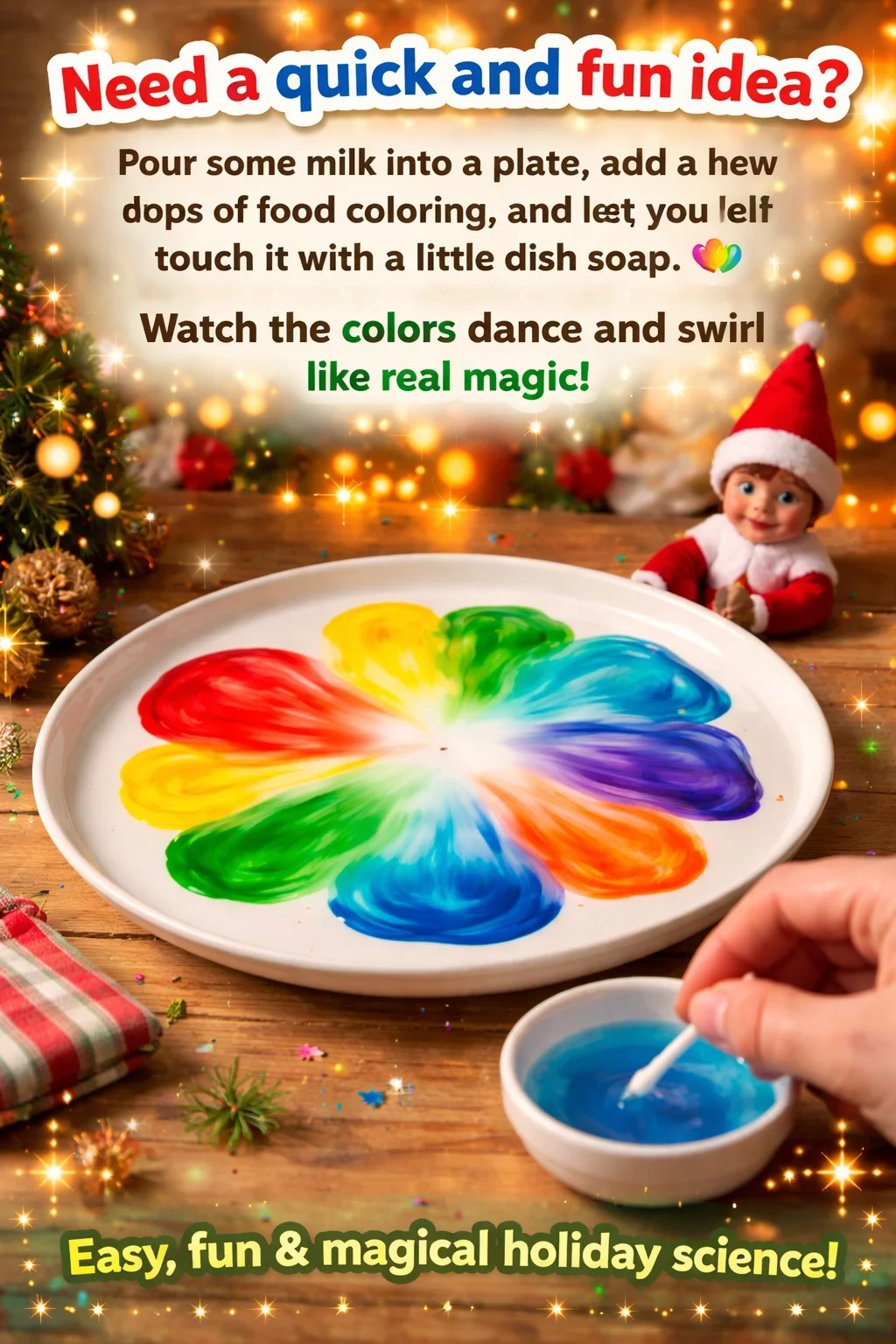 Colorful milk experiment showcasing elf magic with dish soap and food coloring.