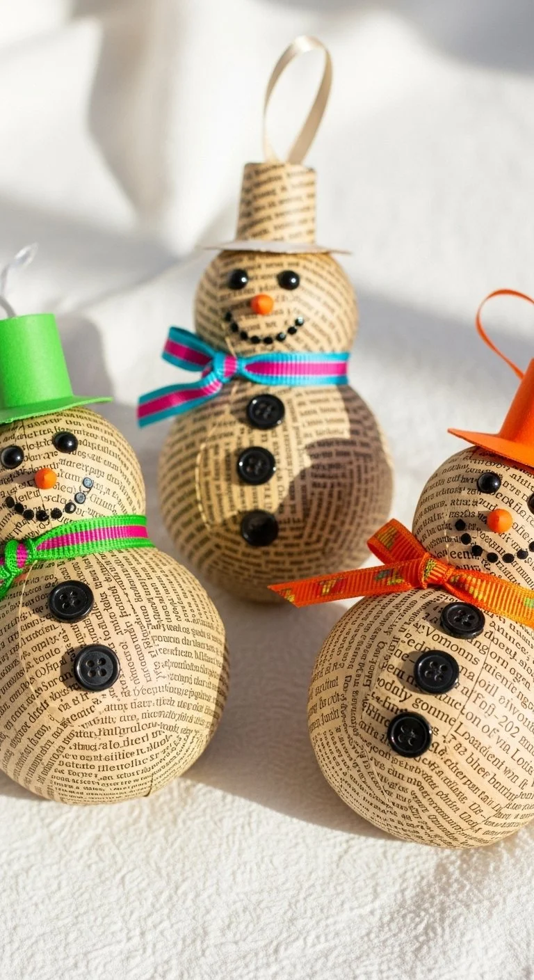 Handmade newspaper snowman ornaments for holiday decorations