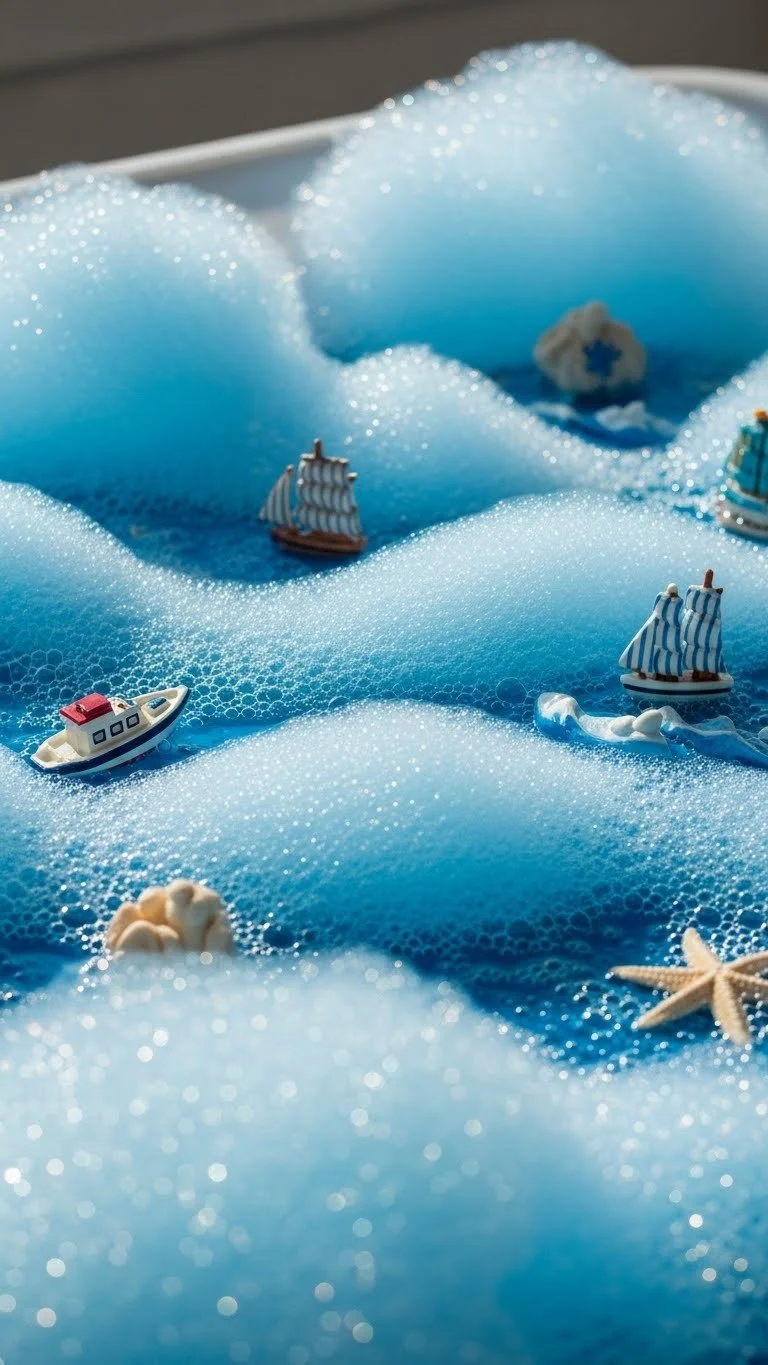 Bubbly ocean foam with blue soap creating a sensory play experience.