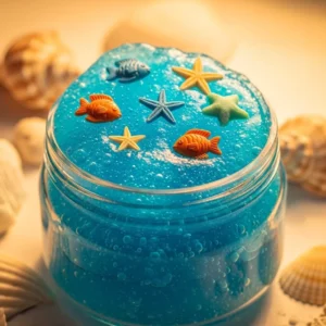 Bright blue ocean slime with colorful fish charms for sensory play